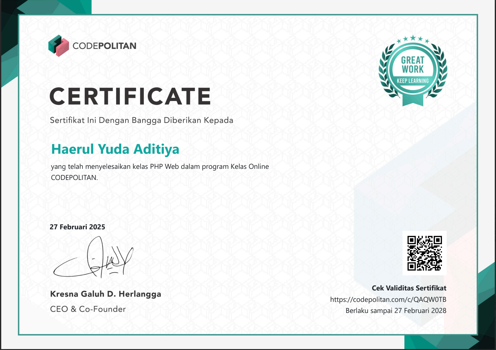 Sertifikat Kelas PHP Web