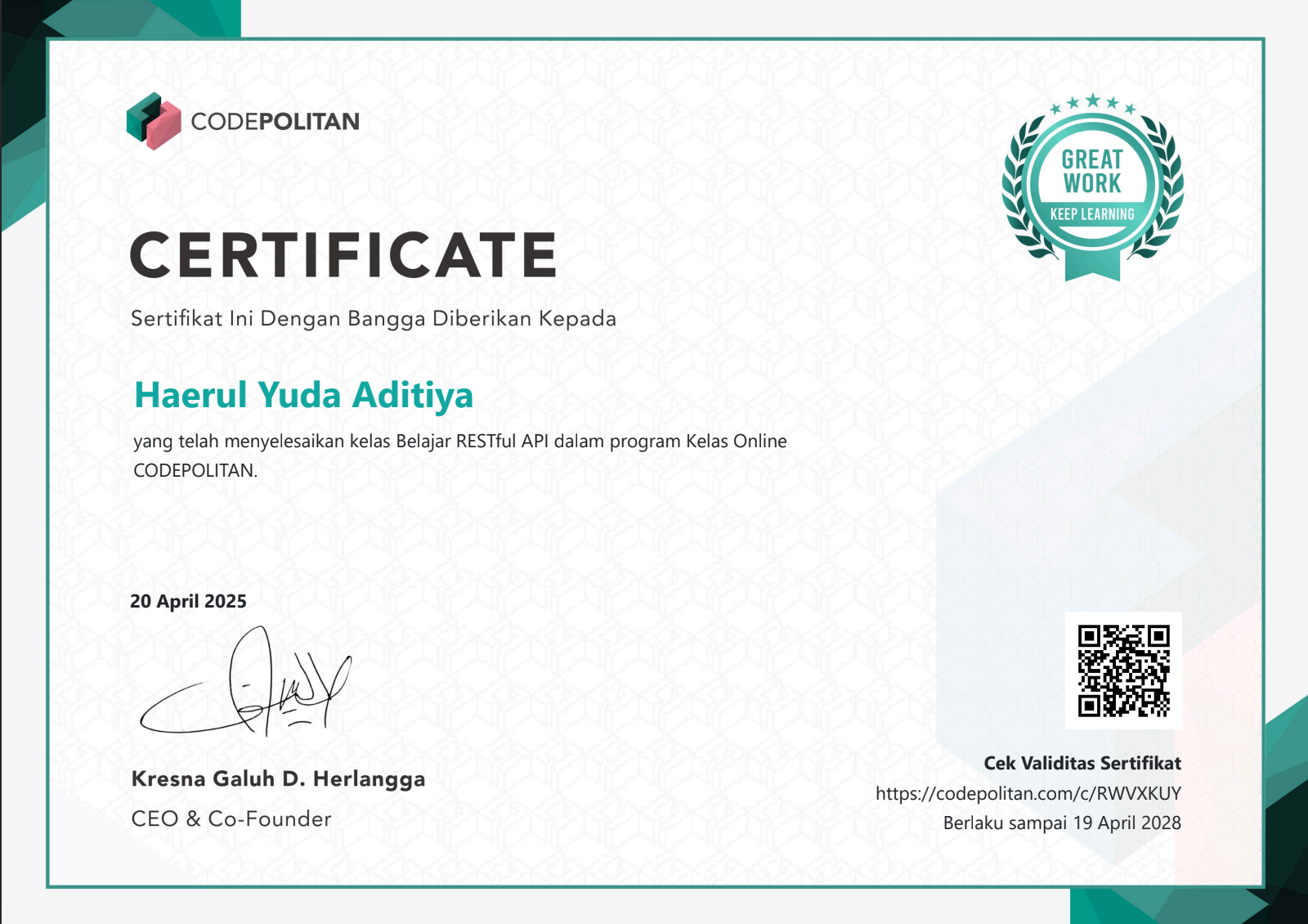 Sertifikat Kelas Belajar RESTful API